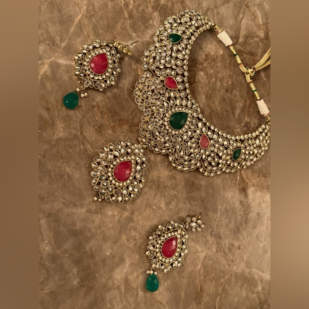 White tone Emerald Green Faux Diamond Necklace set, Indian Bridal jewellery...